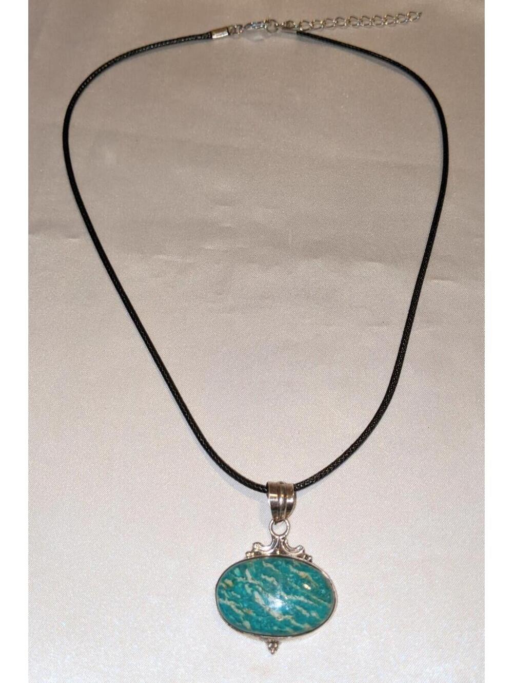 Vintage Siberian Amazonite 925 Sterling Silver Pendant Necklace Handmade NOS - Picture 5 of 7